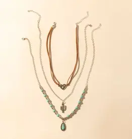 Boho Layered Necklace with Turquoise Bead and Cactus Pendant