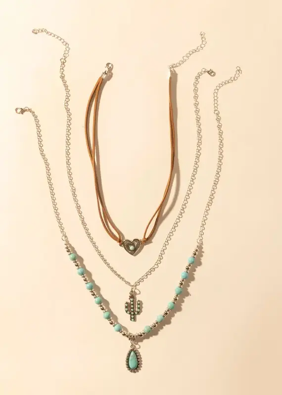 Boho Layered Necklace with Turquoise Bead and Cactus Pendant