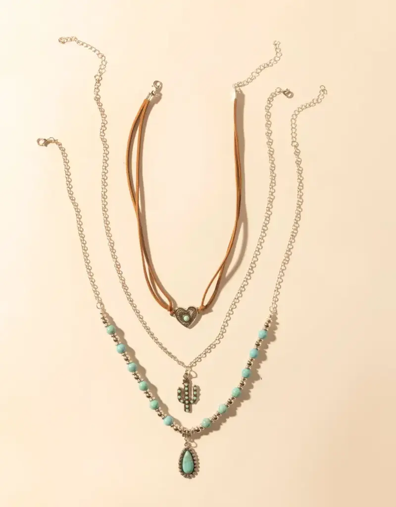 Boho Layered Necklace with Turquoise Bead and Cactus Pendant