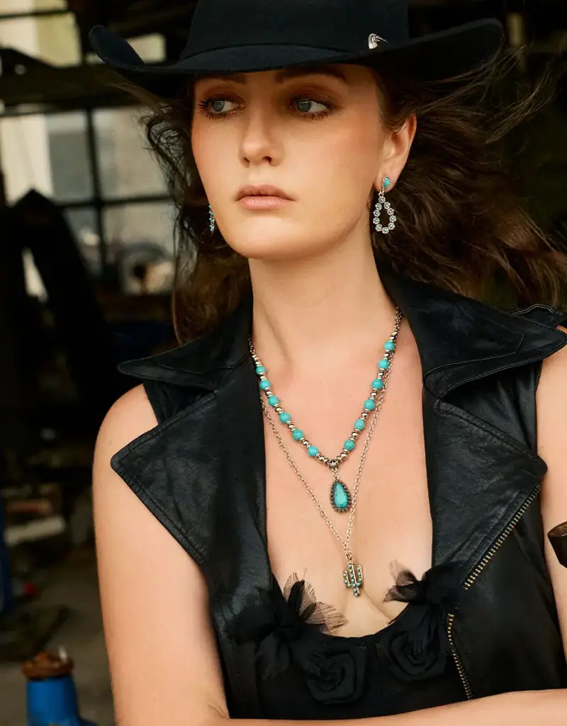 Boho Layered Necklace with Turquoise Bead and Cactus Pendant