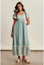 Floral Border Print Maxi Dress With Flutter Sleeves