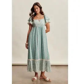Floral Border Print Maxi Dress With Flutter Sleeves