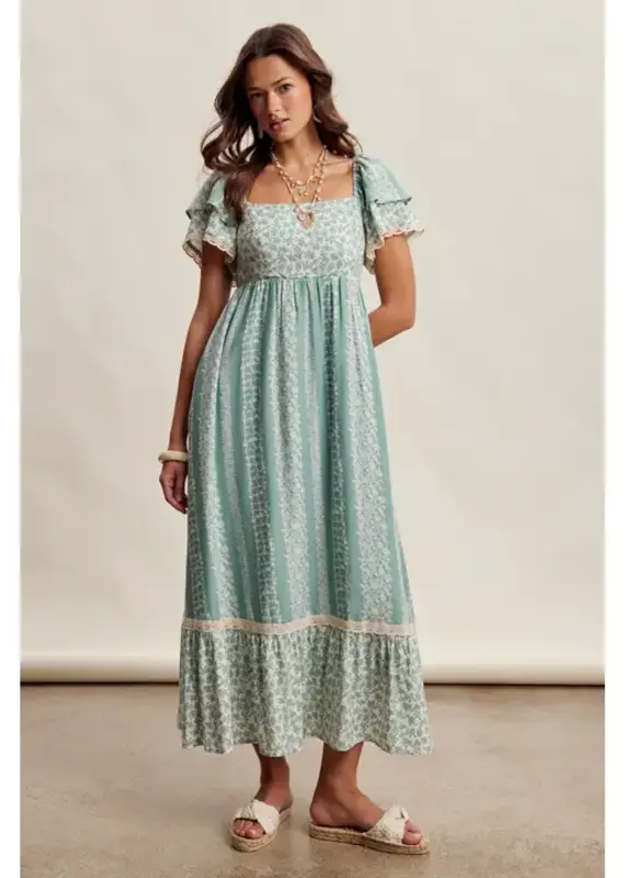 Floral Border Print Maxi Dress With Flutter Sleeves