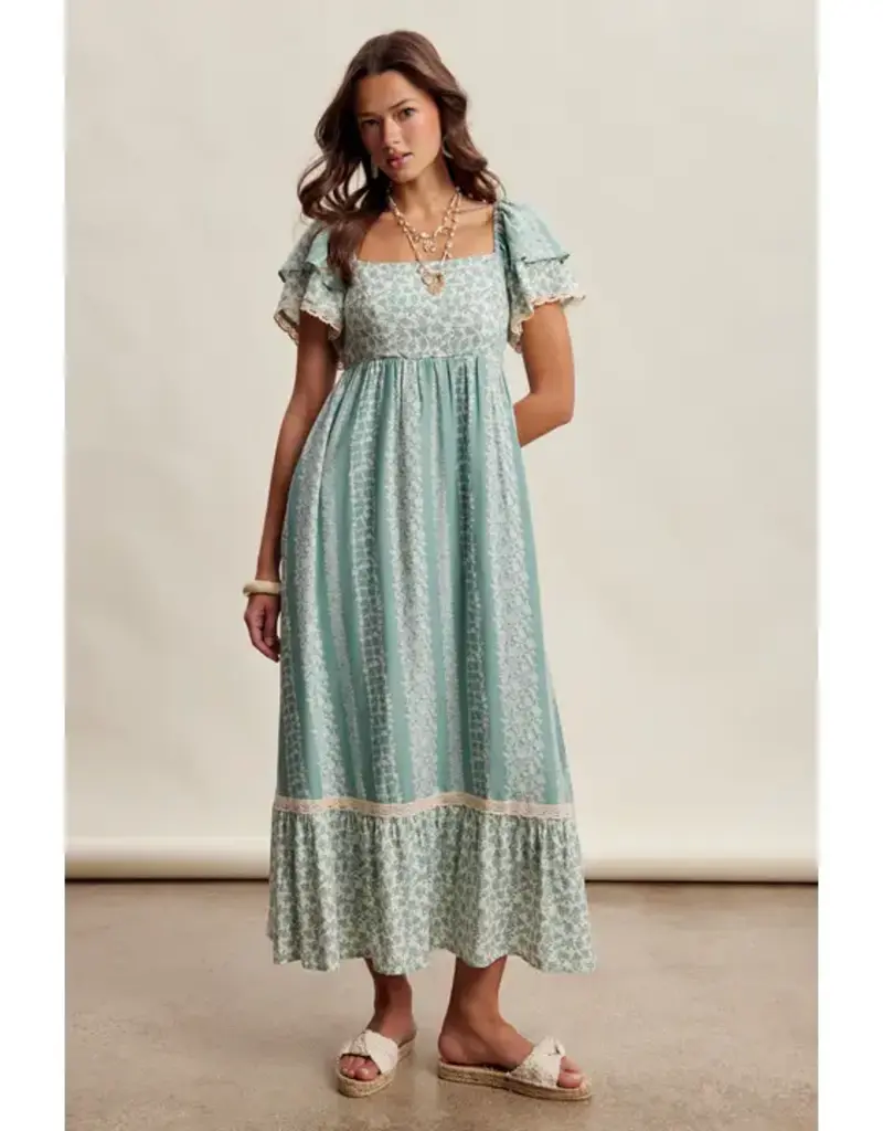 Floral Border Print Maxi Dress With Flutter Sleeves