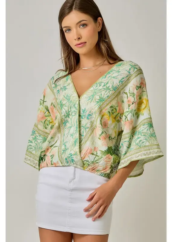 Breezy Border Print Front Wrap Kimono Top
