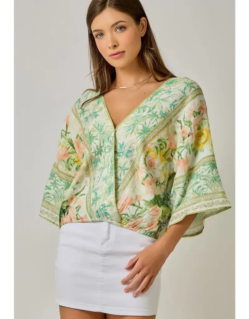 Breezy Border Print Front Wrap Kimono Top
