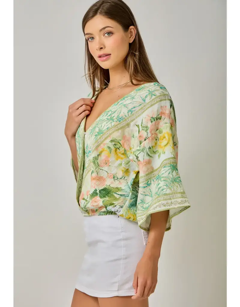 Breezy Border Print Front Wrap Kimono Top