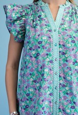 Floral Print Dress With Stripe Seersucker Trim