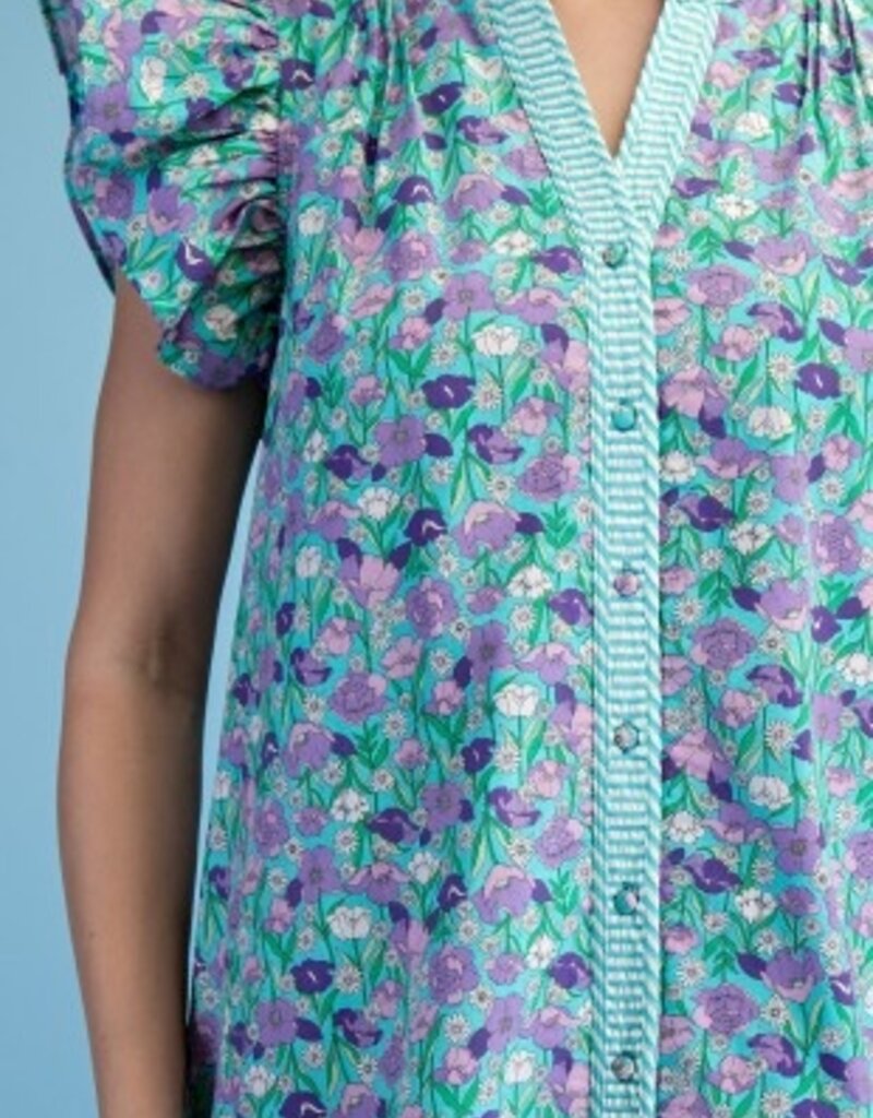 Floral Print Dress With Stripe Seersucker Trim