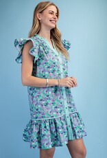 Floral Print Dress With Stripe Seersucker Trim