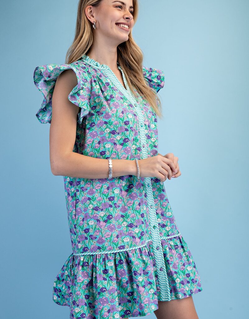 Floral Print Dress With Stripe Seersucker Trim