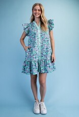 Floral Print Dress With Stripe Seersucker Trim
