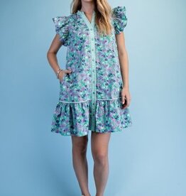 Floral Print Dress With Stripe Seersucker Trim