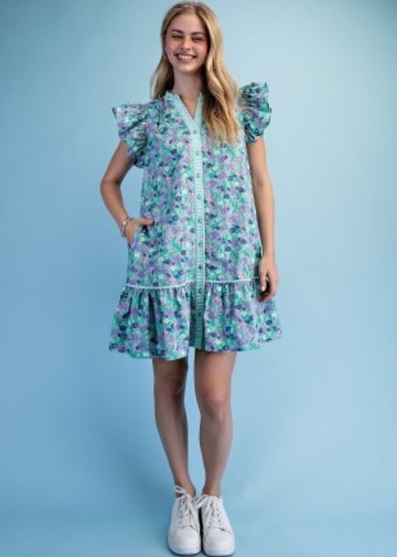 Floral Print Dress With Stripe Seersucker Trim