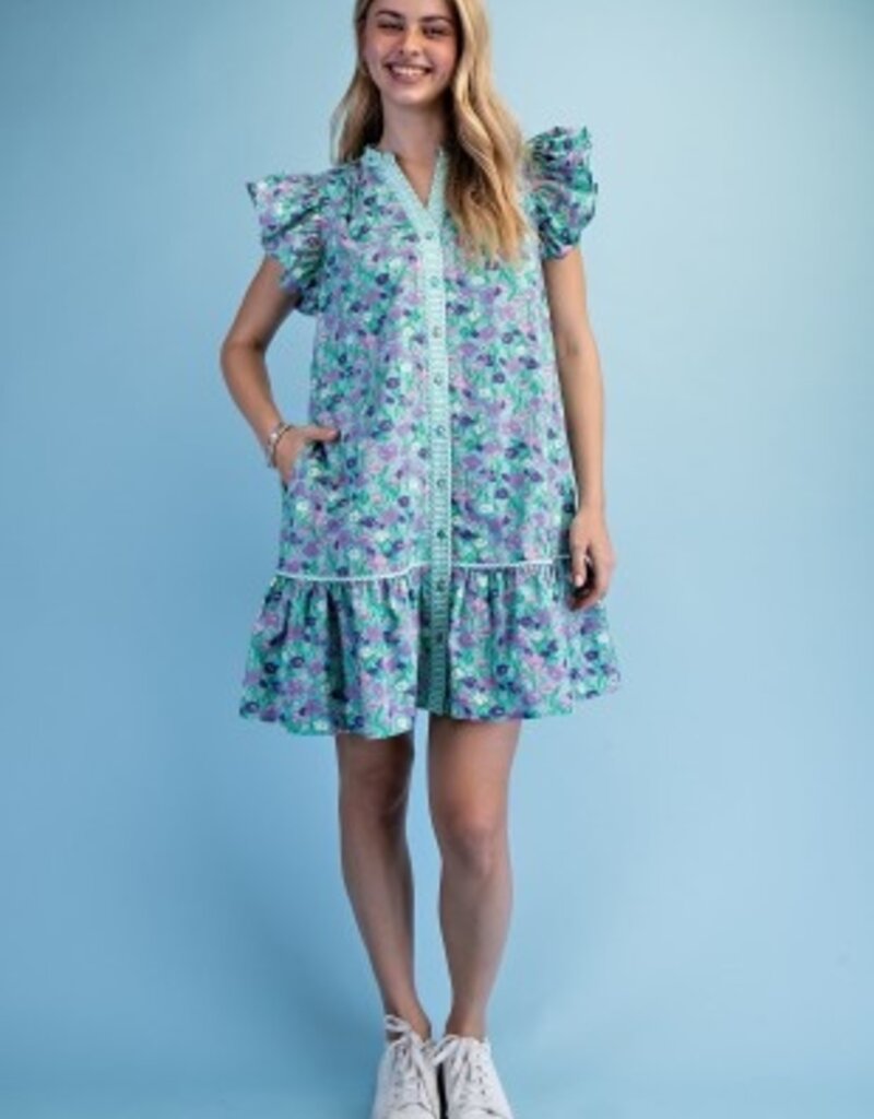 Floral Print Dress With Stripe Seersucker Trim