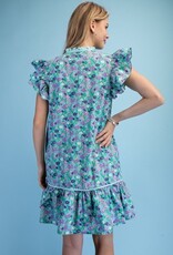 Floral Print Dress With Stripe Seersucker Trim