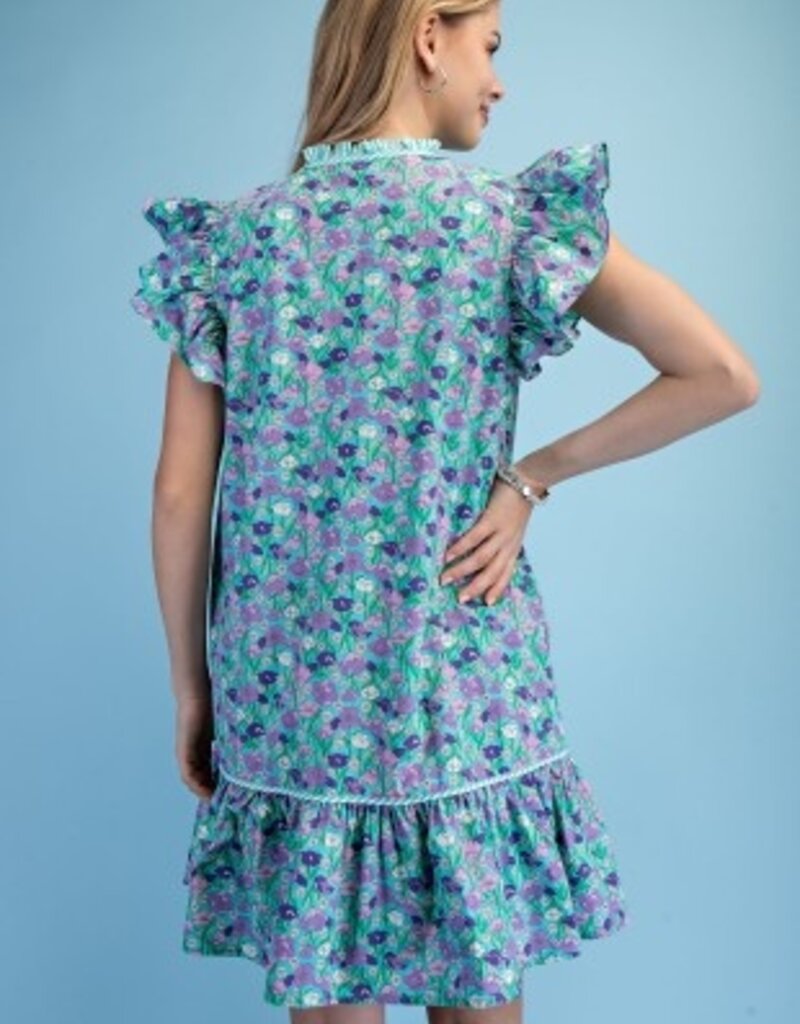 Floral Print Dress With Stripe Seersucker Trim