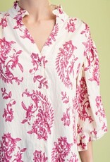 Paisley Print Top With 3/4 Length Balloon Sleeves - Available in Raspberry & Blue