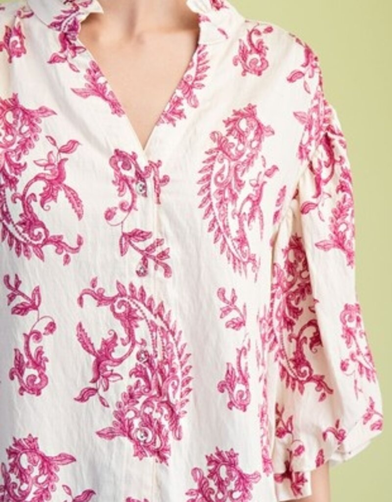 Paisley Print Top With 3/4 Length Balloon Sleeves - Available in Raspberry & Blue