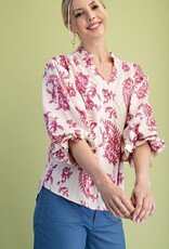 Paisley Print Top With 3/4 Length Balloon Sleeves - Available in Raspberry & Blue
