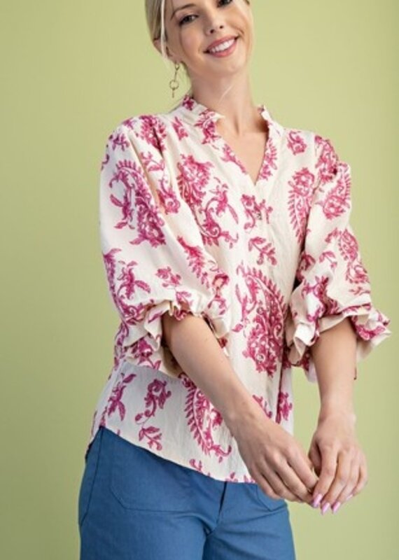 Paisley Print Top With 3/4 Length Balloon Sleeves