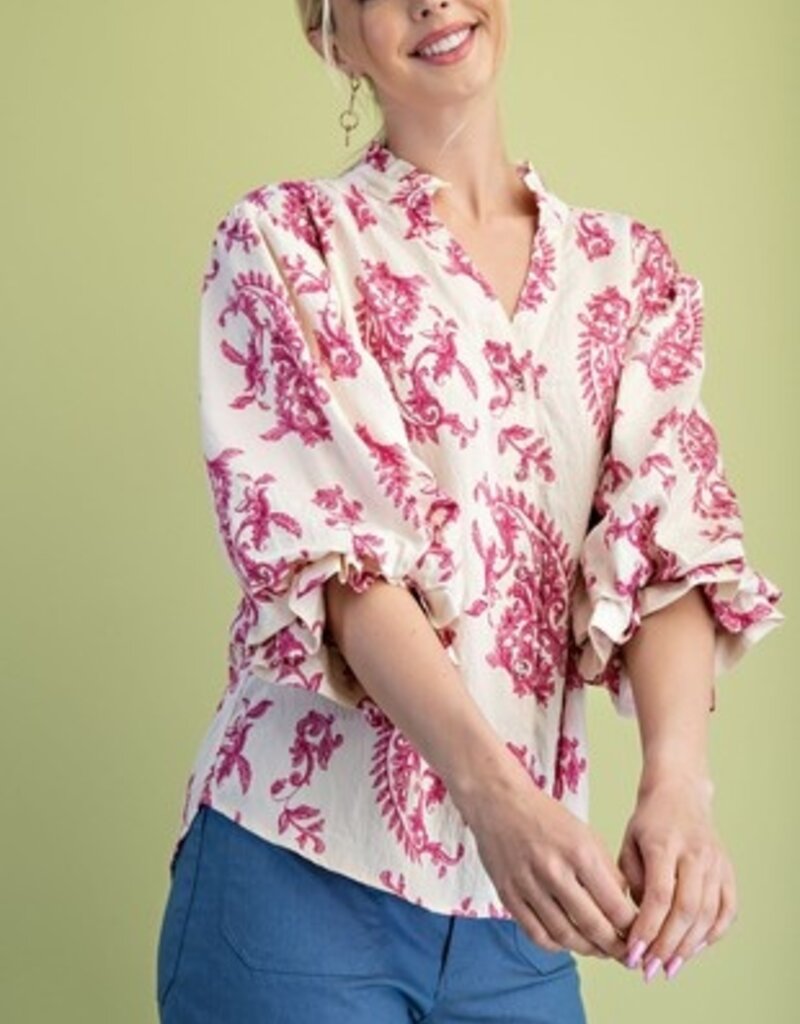 Paisley Print Top With 3/4 Length Balloon Sleeves - Available in Raspberry & Blue