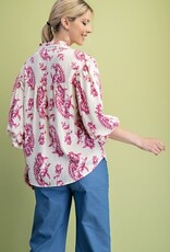 Paisley Print Top With 3/4 Length Balloon Sleeves - Available in Raspberry & Blue