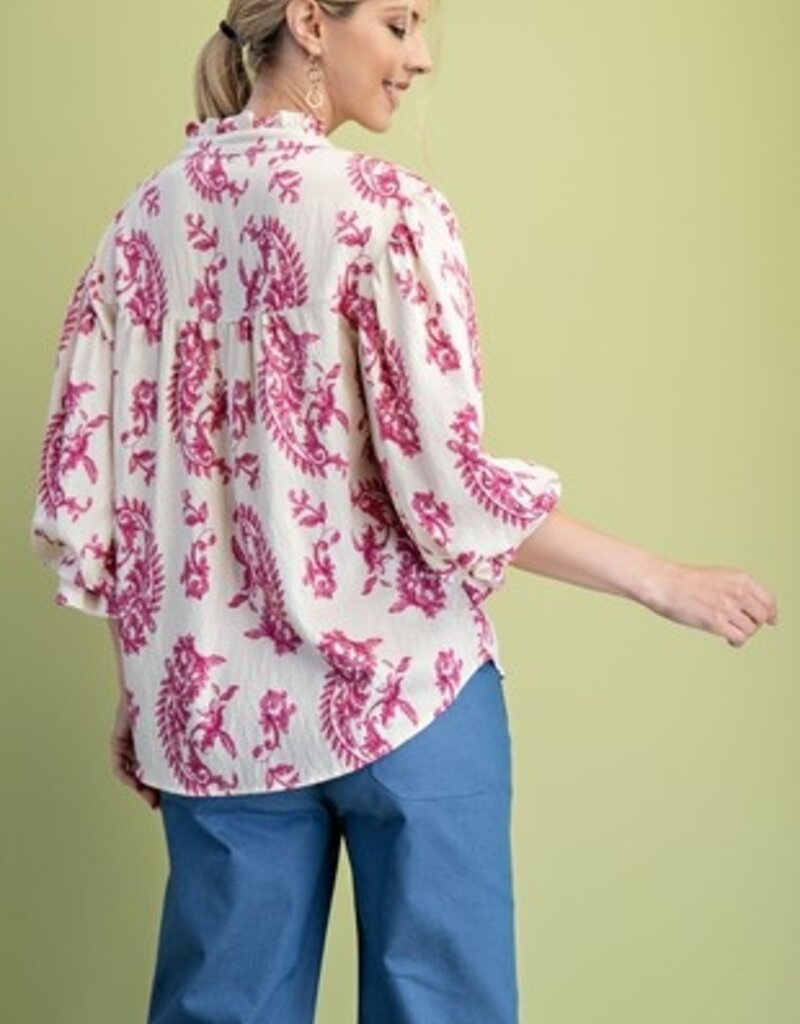 Paisley Print Top With 3/4 Length Balloon Sleeves - Available in Raspberry & Blue