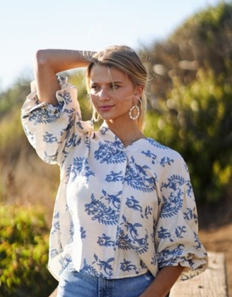 Paisley Print Top With 3/4 Length Balloon Sleeves - Available in Raspberry & Blue