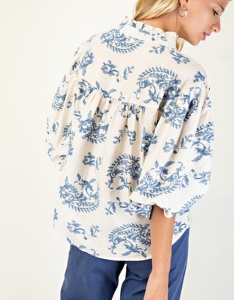 Paisley Print Top With 3/4 Length Balloon Sleeves - Available in Raspberry & Blue