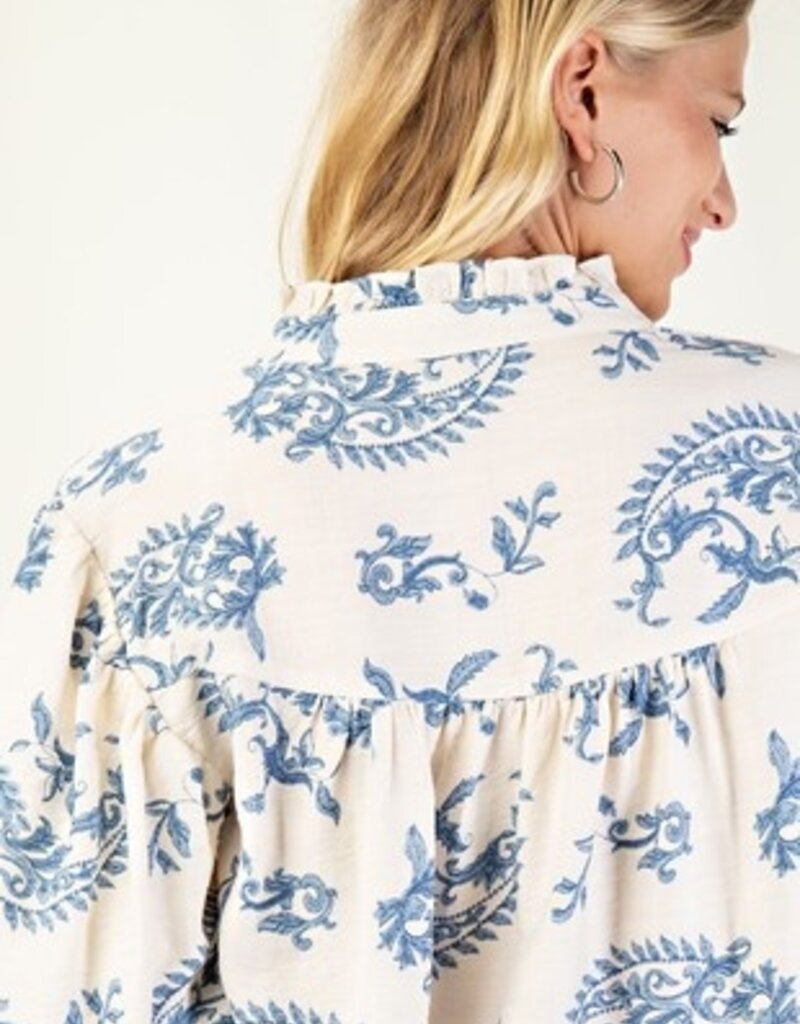Paisley Print Top With 3/4 Length Balloon Sleeves - Available in Raspberry & Blue