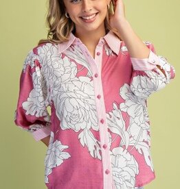 Palmer Floral Print Top With Stripe Trim Detail