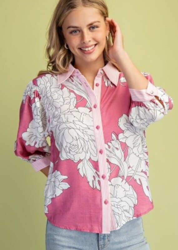 Palmer Floral Print Top With Stripe Trim Detail