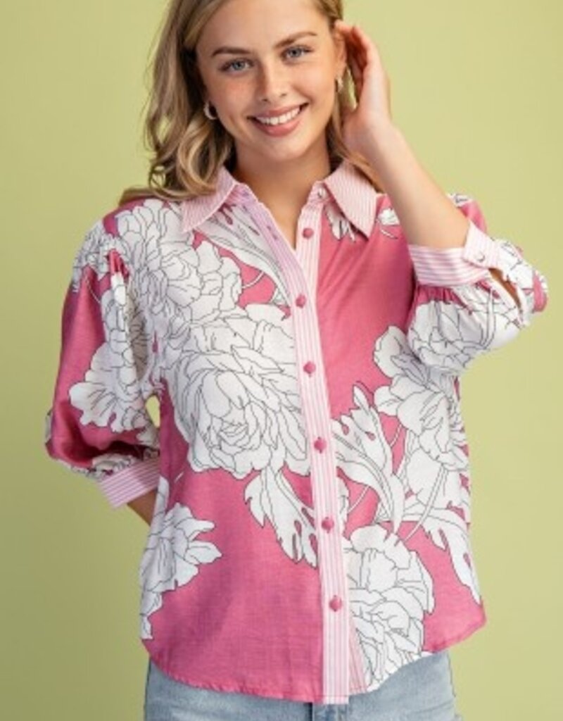 Palmer Floral Print Top With Stripe Trim Detail