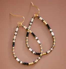 Teardrop Wire Beaded Glass Crystal Earrings - Black Mix