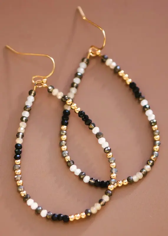 Teardrop Wire Beaded Glass Crystal Earrings - Black Mix