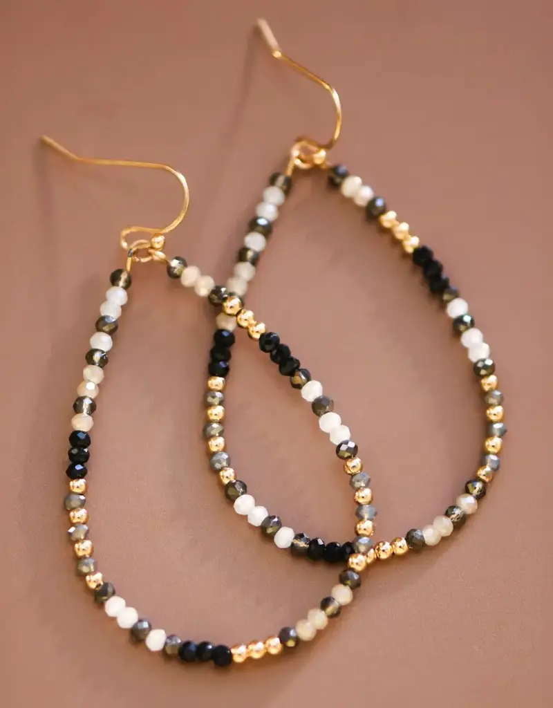 Teardrop Wire Beaded Glass Crystal Earrings - Black Mix