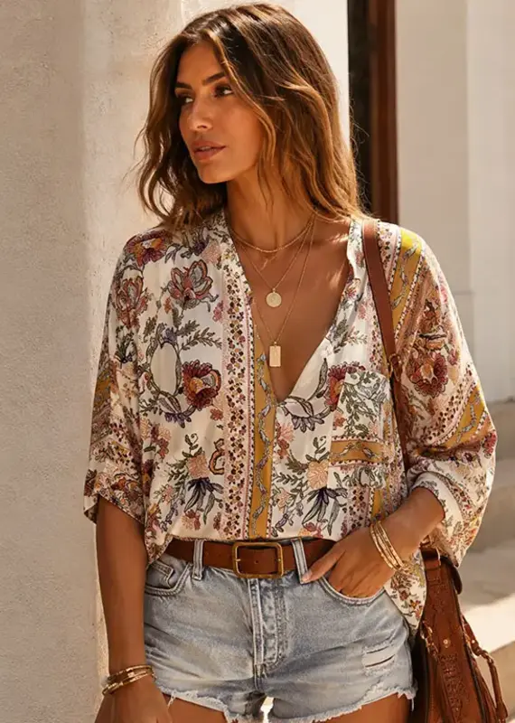 Bethany Boho Floral Border Print Top