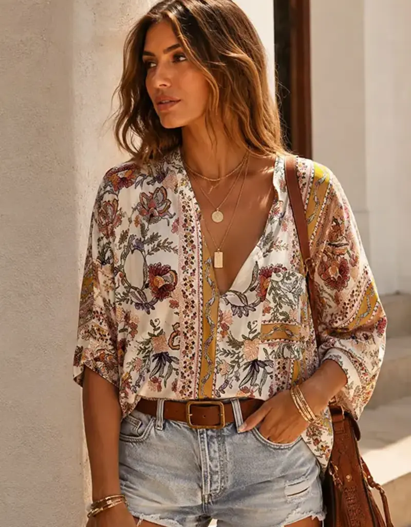 Bethany Boho Floral Border Print Top