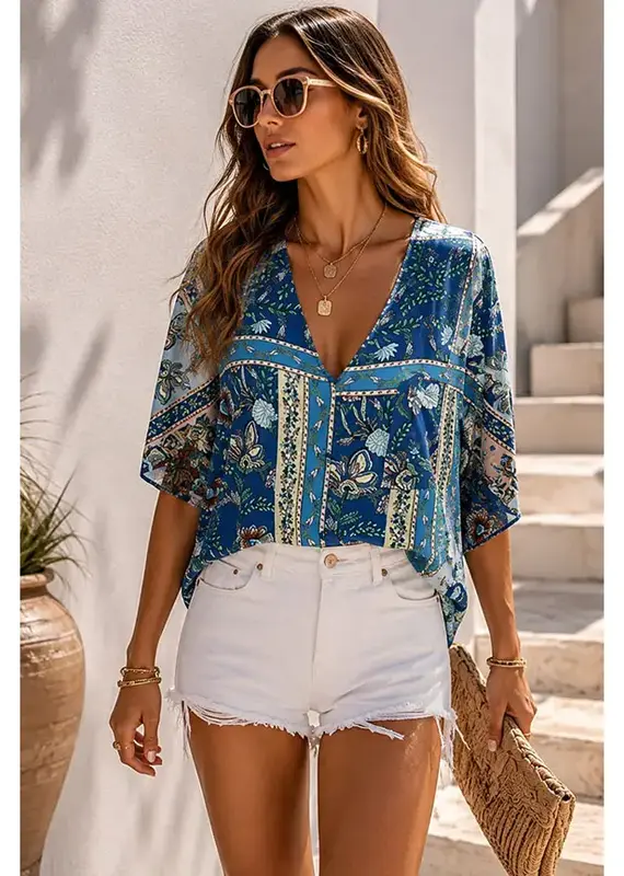 Bethany Boho Floral Border Print Blouse