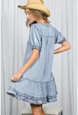 V-Neck Ruffle Hem Chambray Dress