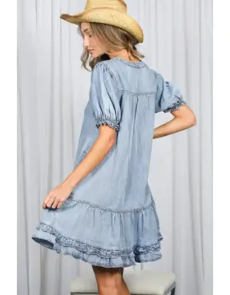 V-Neck Ruffle Hem Chambray Dress