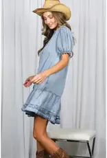 V-Neck Ruffle Hem Chambray Dress