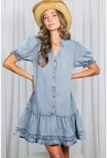 V-Neck Ruffle Hem Chambray Dress