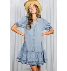 V-Neck Ruffle Hem Chambray Dress
