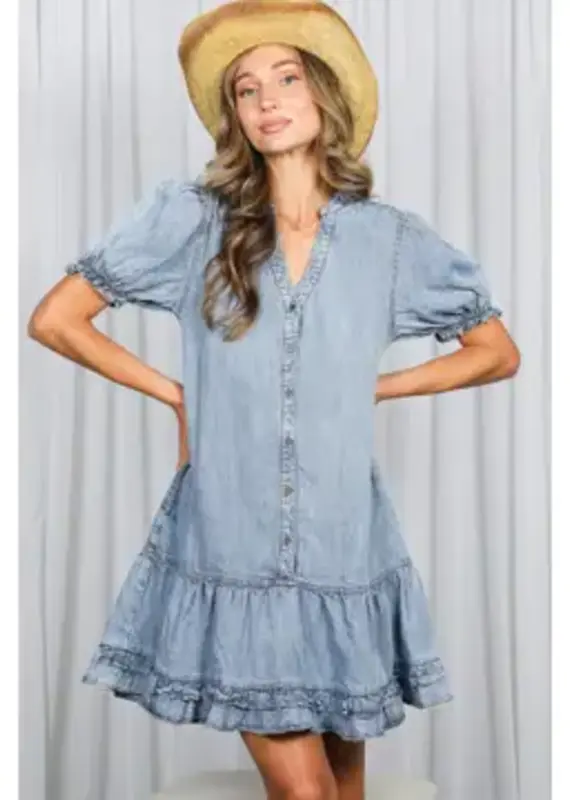 V-Neck Ruffle Hem Chambray Dress
