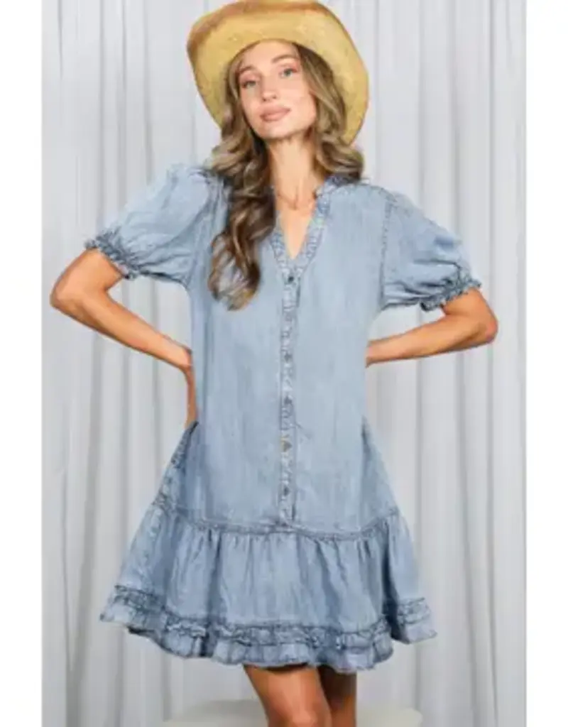 V-Neck Ruffle Hem Chambray Dress