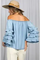 Off the Shoulder Ruffle Sleeve Chambray Top