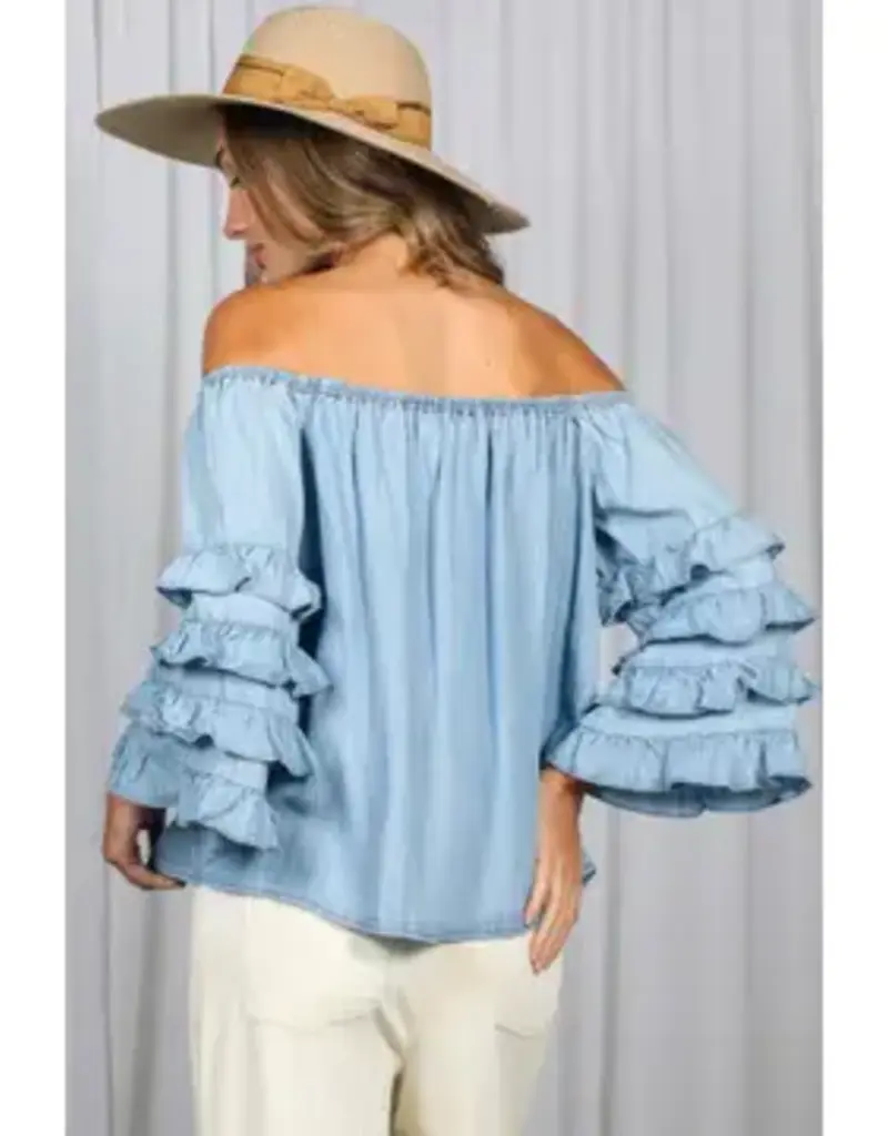Off the Shoulder Ruffle Sleeve Chambray Top