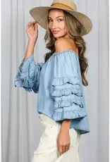 Off the Shoulder Ruffle Sleeve Chambray Top